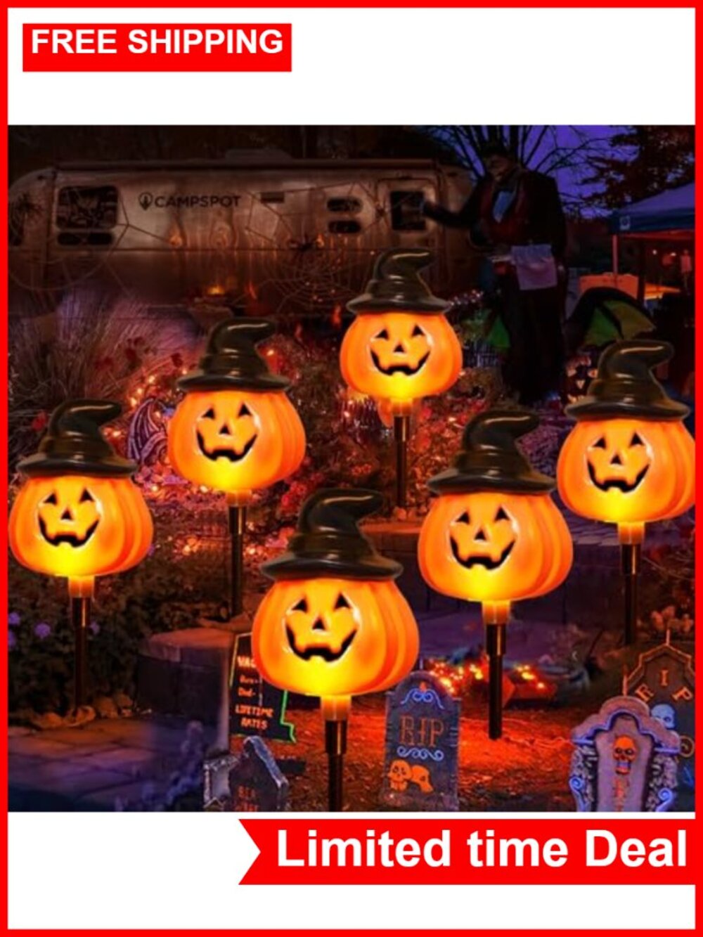 6 Pack Solar Powered Halloween Jack O Lantern Stake Lights Outdoor